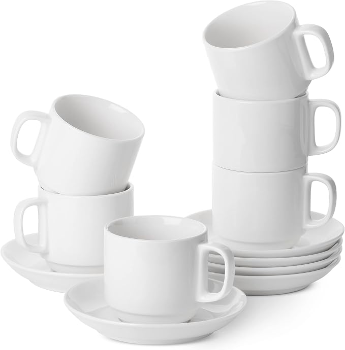 BTaT- Stackable Tea Cups and Saucers, White, Set of 6 (8 oz), Cappuccino Cups, British Coffee Cups, Porcelain Tea Set