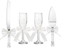 Boao Pearl Wedding Champagne Flutes and Cake Knife Server Set of 4, Champagne Flutes Toasting Glasses with Pearls for Bride and Groom Engagement Anniversary Bridal Shower Gifts(Bow,White)