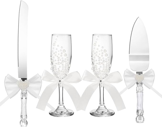 Boao Pearl Wedding Champagne Flutes and Cake Knife Server Set of 4, Champagne Flutes Toasting Glasses with Pearls for Bride and Groom Engagement Anniversary Bridal Shower Gifts(Bow,White)