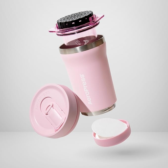 AeroPress Go Plus, Small Portable Coffee Maker Kit, Travel, Camping & Office, All-in-One French Press, Pour-Over & Espresso-Style Manual Brewer, 2 Min Brew for Less Bitterness, More Flavor, Pink
