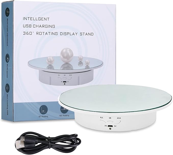JAYEGT Motorized Rotating Display Stand, 7.87inch /17.6lbs Load, 360 Degree Electric Rotating Turntable for Photography Products, Jewelry, Cake,3D Model , Mirror Cover (White/Button Control)