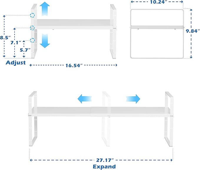 SANNO Expandable Cabinet Shelf Organizer,Spice Rack Adjust Height Large Kitchen Cupboard Organizer Stackable Counter Shelf Expandable Shelves, Counter Pantry, White,3 Pack
