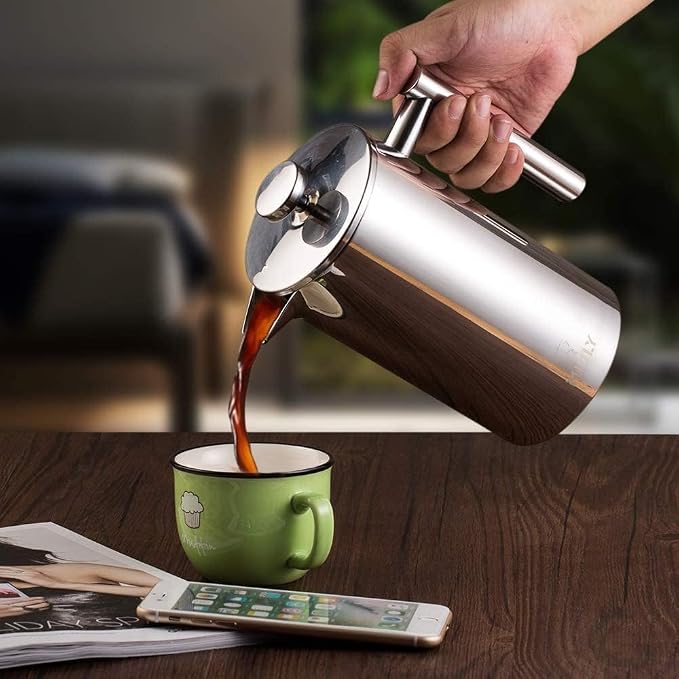 Miuly 21 oz Stainless Steel French Press 600ML Coffee Press with 3 Level Filtration System, Double Wall Insulated French Press with 2 Filters for Home or Office, Silver