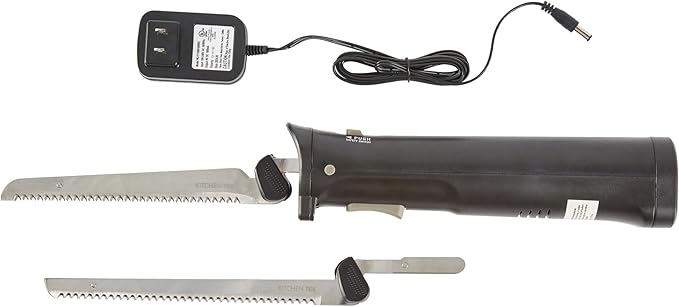 Restaurantware-Kitchen Tek Electric Knife Set, 1 Electric Knife With Motorized Handle - Includes 1 Bread And 1 Carving Tool, Ergonomic, Black Plastic Food Cutter With Stainless Steel Blades