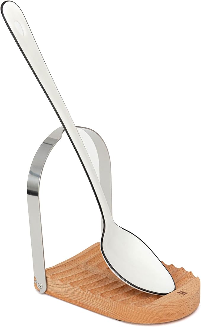 Spoon Rest Pot Holder - Wood and Stainless Steel Pot Lid Holder and Spoon Rest for Stove Top or Kitchen Counter, Foldable, Adjustable Stand for Cookbook, Pan Lid, Cooking Utensil, Ladle