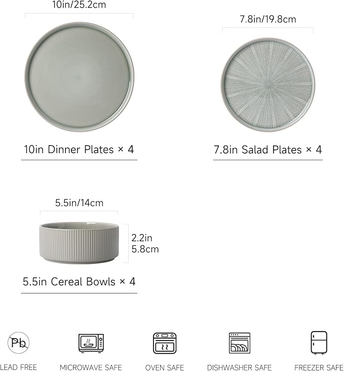 Dinnerware Sets, Ceramic Plates and Bowls Set 12 Piece Dinnerware for 4 Chip Resistant Stoneware with Advanced Inkjet Printing Technology, Dishwasher and Microwave Safe-Sage Green