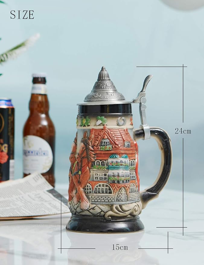 HAUCOZE Beer Stein Mug German Oktoberfest Drinking Viking Tankard with Pewter Lid Birthday Gifts for Men Father Husband 0.9 Liter