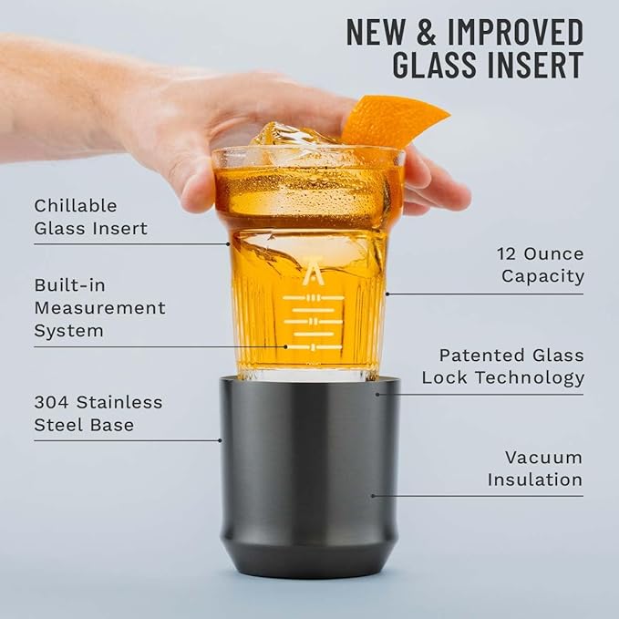 Elevated Craft Hybrid Rocks Glass Premium Vacuum Insulated Steel Base with Removable Insert - 12oz Cocktail Glass, Double Old Fashioned Lowball for Margaritas, Bourbon, Whiskey - Gunmetal Black