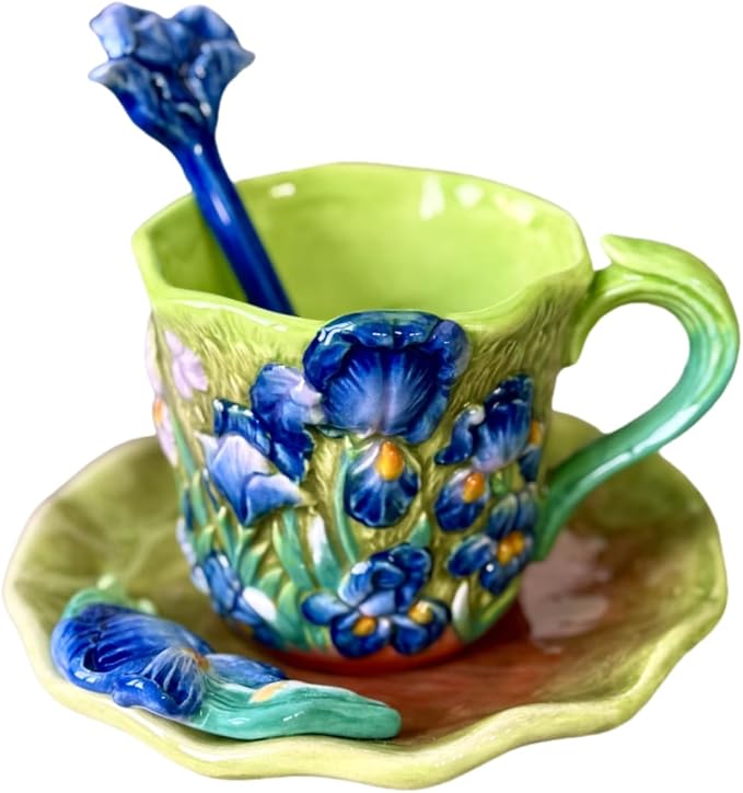 Ceramic Lrises Flower Coffee Mug and Saucer set with Spoon,3D Handmade and Hand-painted Tea Mug, 6OZ
