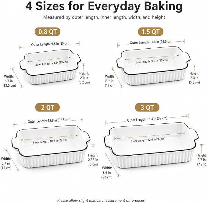 Ceramic Bakeware Set of 4, Deep Rectangular Casserole Dishes for Oven to Table, Non-Stick Lasagna Pans with Handles, Stackable Baking Pans for Family Dinners & Housewarming Gift