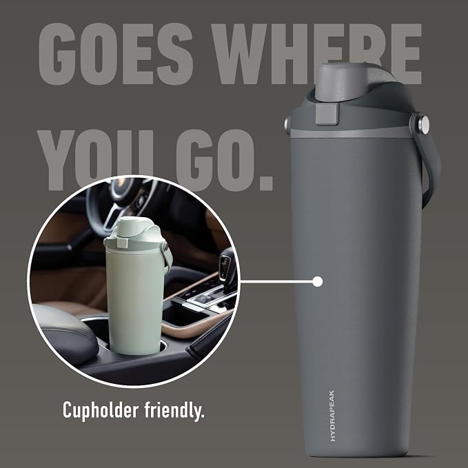 Hydrapeak Roamer 32oz Insulated Water Bottle with Straw Lid w/Lock & Handle, Leakproof Stainless Steel, Rubber Grip Base, Travel and Cupholder Friendly, Keeps Drinks Cold 24 Hours (Grey Matter)