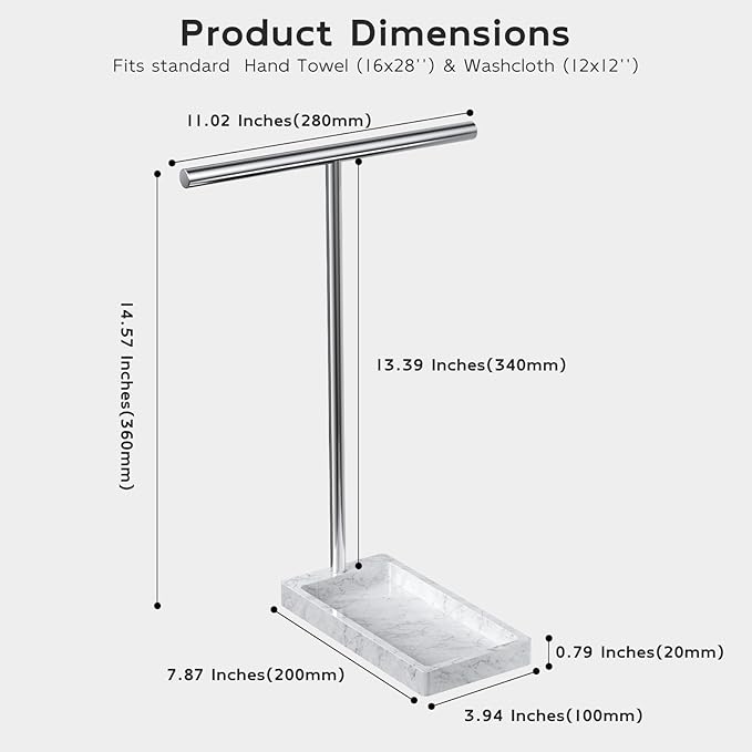 Volnamal Hand Towel Holder, 2 in 1 T-Shape Hand Towel Stand for Bathroom with Marble Base Tray, Hand Towel Rack Standing for Vanity Kitchen Countertop, Stainless Steel (Brushed)