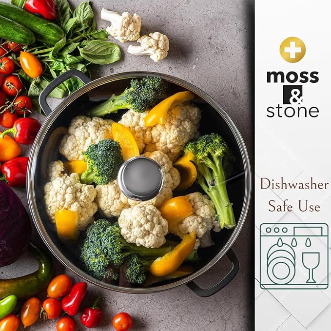 Moss & Stone 12 Inch Nonstick Large Skillet with Lid, 5 Quart Deep Saute Pan, Dishwasher & Oven Safe, Double Handled Frying Pan With Lid, PFOA Free Induction Compatible Cookware
