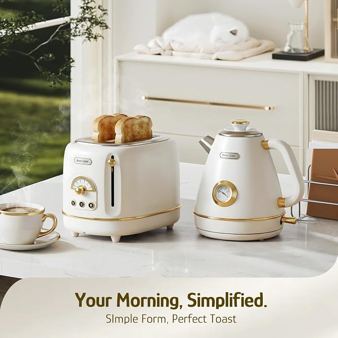 Hazel Quinn 2-Slice Retro Toaster, 6 Browning Levels, 3 Functions-Defrost/Reheat/Cancel, Removable Crumb Tray for Easy to Clean, 1.5 Inches Extra Wide Slots - Pearl White