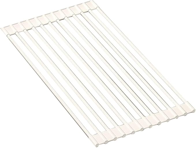 Silicone Non-Slip Dish Drying Rack, Drain Board Over the Kitchen Sink, Roll-Up Dish Rack Drainer, Rust-Resistant Drain Board(White,12 rods)