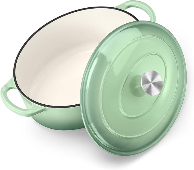 TeamFar Oval Dutch Oven, 5qt Enameled Cast Iron Dutch Oven Pot with Lid, For Bread Baking/Stewing/Braising/Frying, Suitable for Various Stoves, Dual Handles & Easy Cleanup, Pistachio Green