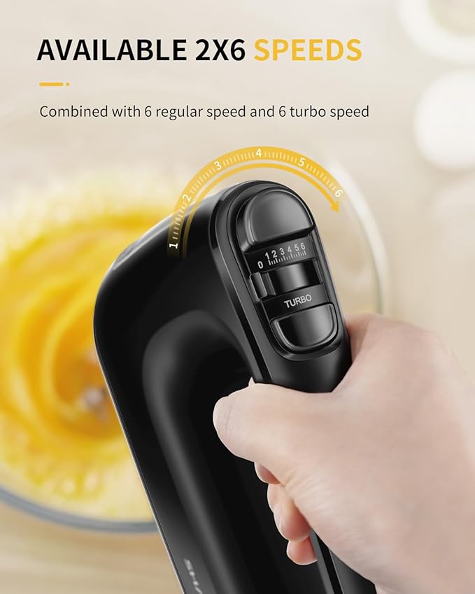 SHARDOR Hand Mixer Electric, 6 Speed & Turbo Mixer Electric Handheld, Snap-On Storage Case,5 Stainless Steel Accessories for Whipping, Mixing Cookies, Brownie, Cakes, Dough Batters (Black)
