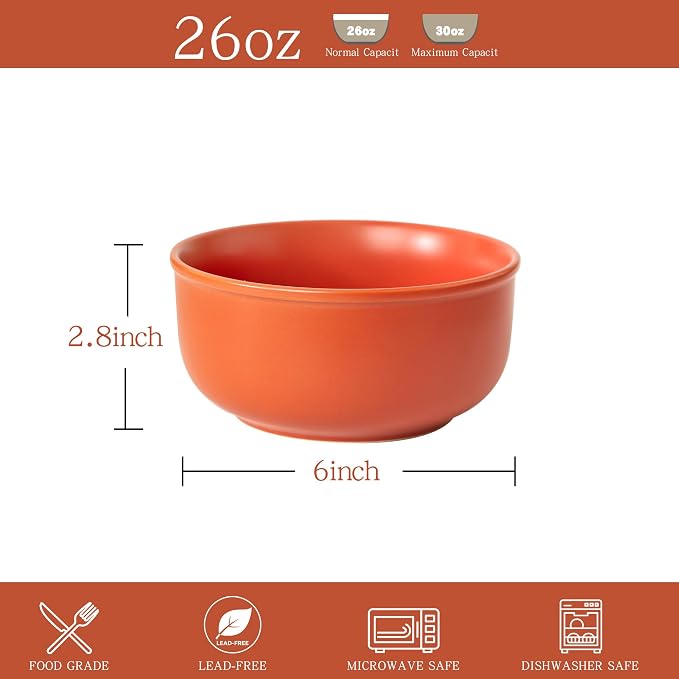 Timeworn Clay Cereal Bowls, Terracotta Red, 6-Inch, Set of 4 | Hand-Finished Stoneware, Farmhouse Style, Microwave Safe, Dishwasher Safe, Soup and Oatmeal Bowl