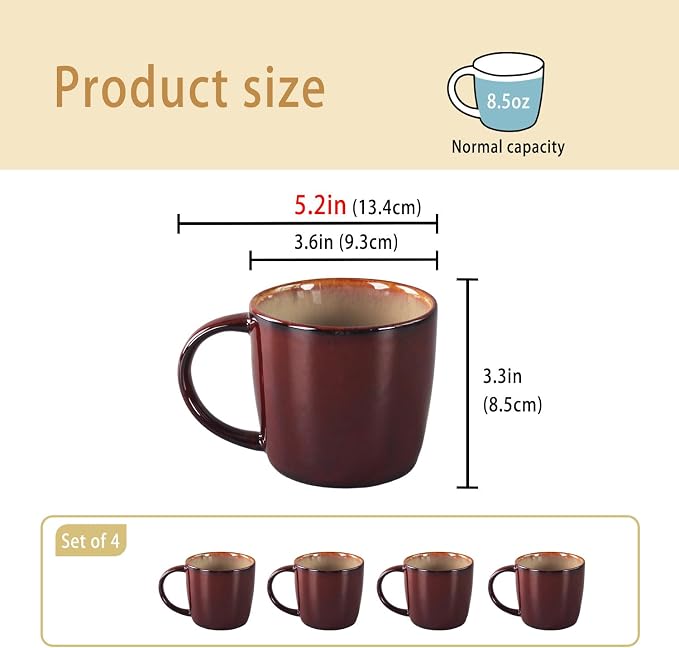 8.5 oz Ceramic Coffee Mug, Reactive Glaze Mug, Suitable for Latte, Coffee, Tea, Soup, Ideal for Office and Home Use, Dishwasher and Microwave Safe, 4-Pack.