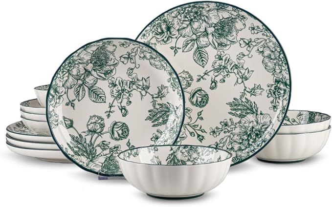 12-Piece Dinnerware Set Service 4, Porcelain Plates and Bowls Set, Vintage Green Rose Scalloped Edge, French Country Aesthetic, Microwave Dishwasher Safe