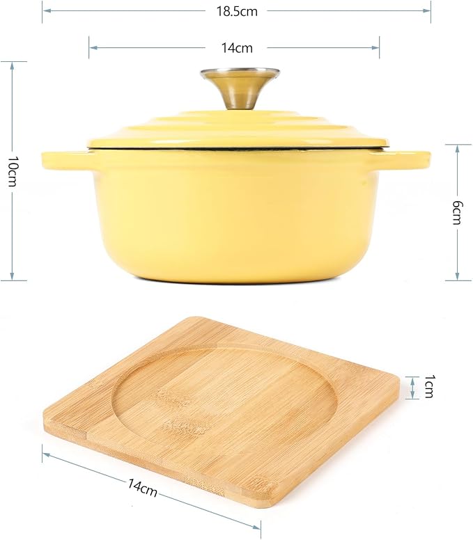 HAWOK Enameled Cast Iron Mini Dutch Oven, Dia5.51”, 23oz, with Bamboo Tray, Set of 2, Yellow