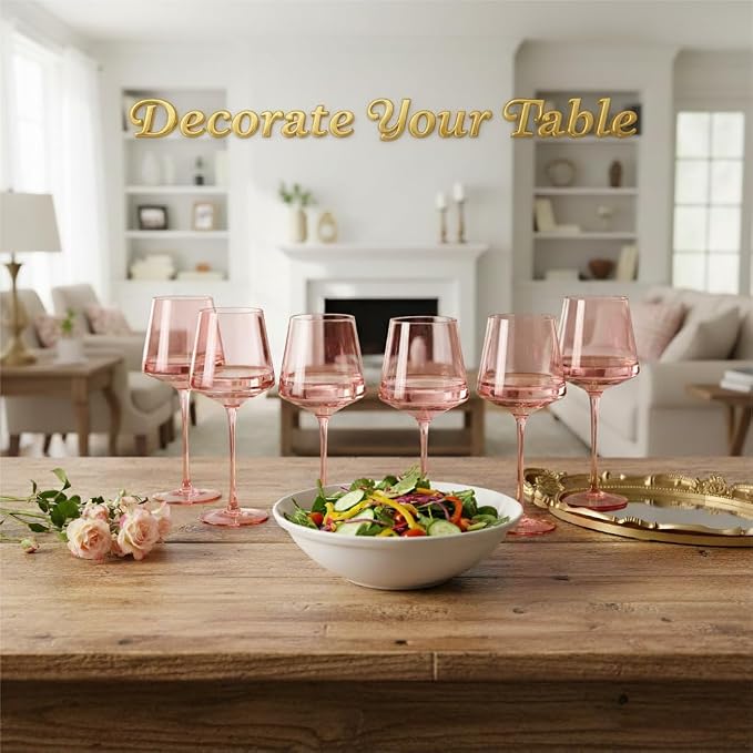 Physkoa Pink Wine Glasses Set 6-16oz Blush Pink Wine Glasses With Tall Long Stem and Flat Bottom,Pink Glassware for Home Decor & Gifts