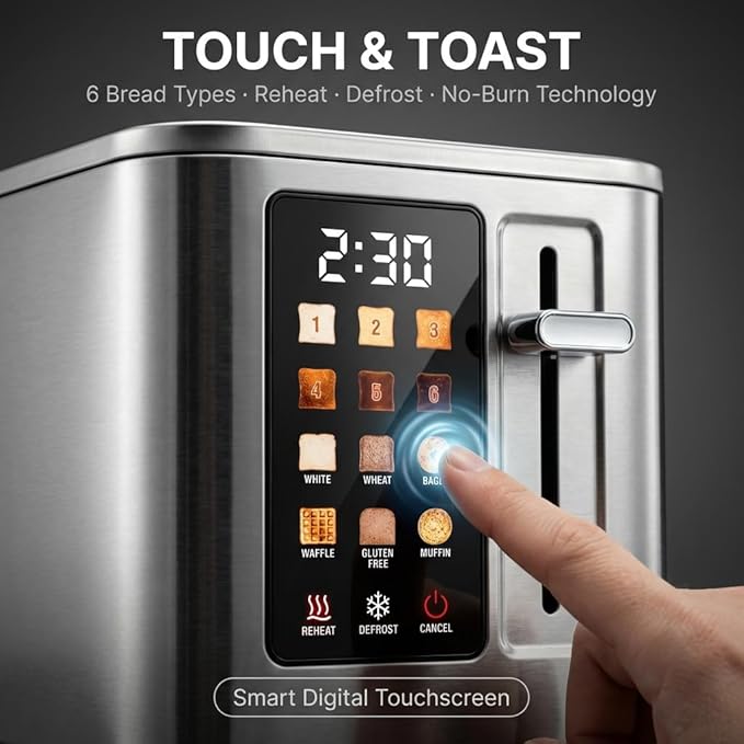 2026 Upgraded TAZTIR Touch Screen Toaster 2 Slice, Premium Stainless Steel Digital Bread Toaster with Timer, 1.5'' Wide Slot, 6 Shade Settings & 6 Bread Types, Bagel Defrost Reheat Cancel Functions