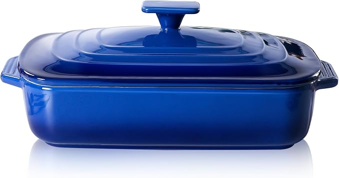 Lareina Large Ceramic Casserole Dish with Lid, 4.0 Quart Covered Rectangular Stoneware Baking Dishes for Oven, Deep 9x13 Inch Lasagna Pans for Baking and Serving, Perfect for Christmas, Blue