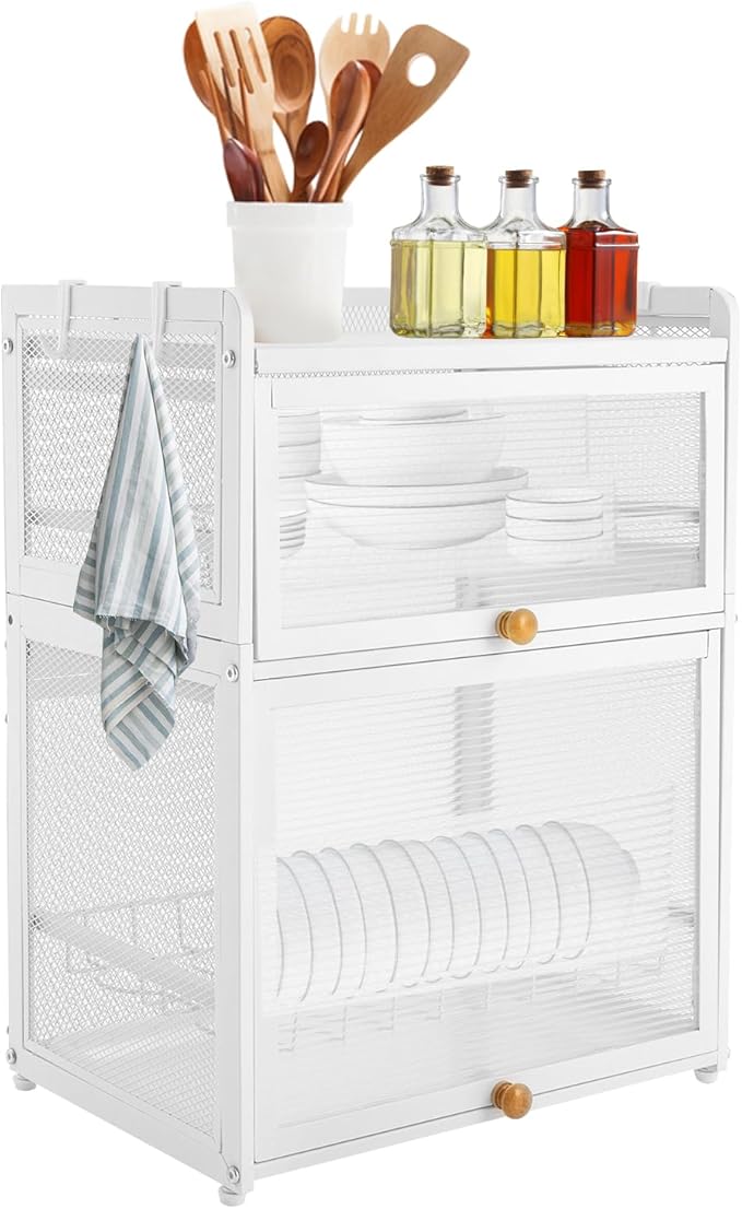 3 Tier Dish Drying Rack，Over Sink Dish Drying Rack with Side Hooks Flipped Cabinet Door Design Pull-Out Drain Tray 22.04Lbs Strong Load-Bearing Capacity Dish Racks for Kitchen Counter