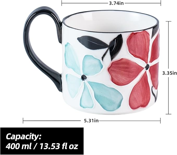 KAMMAK Ceramic Mug - Hand-Painted Coffee and Tea Mug - 400ML Vintage Breakfast Cups - Cute Mugs for Women - Ideal for Birthday - Afternoon Tea & Housewarming Gifts, GX015