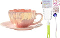 Pearl Shell Ceramic Coffee Mug with Shell Coaster Set for Tea Latte Milk Cute Cup with Saucer for Home Office Women Gift 6.5 oz (petal pink, 240 ml)