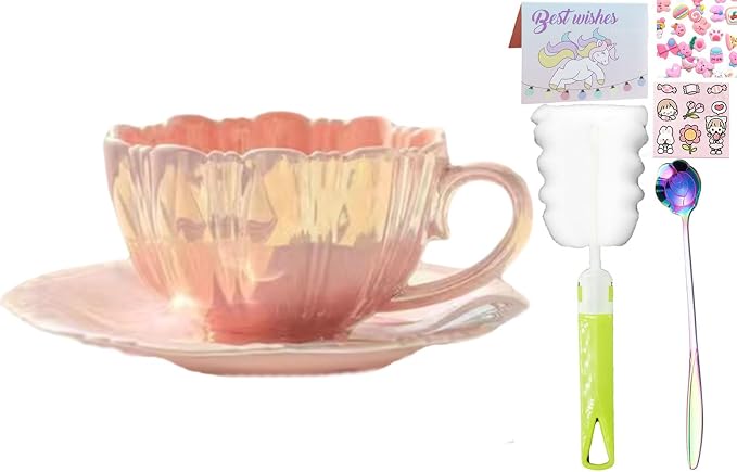 Pearl Shell Ceramic Coffee Mug with Shell Coaster Set for Tea Latte Milk Cute Cup with Saucer for Home Office Women Gift 6.5 oz (petal pink, 240 ml)