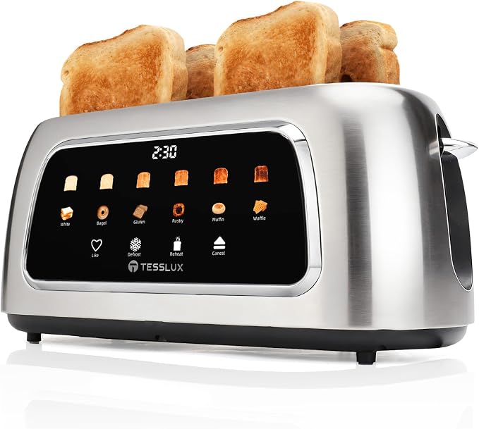 Tesslux 4 Slice Toaster with Touch Screen Control, 1.5" Wide Long Slots, 6 Browning Levels & 6 Bread Types, Digital Timer, Memory, Defrost, Reheat (Silver, 4 Slice)