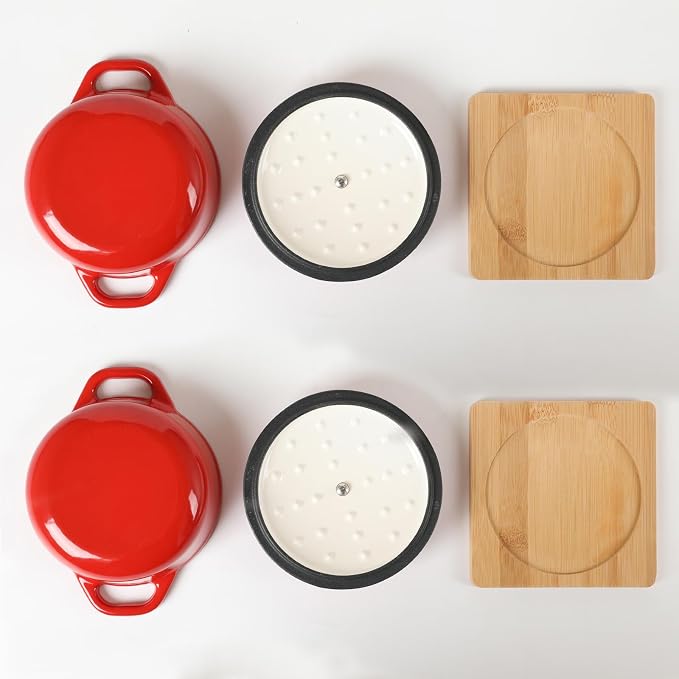 HAWOK Enameled Cast Iron Mini Dutch Oven, Dia5.51”, 23oz, with Bamboo Tray, Set of 2, Red