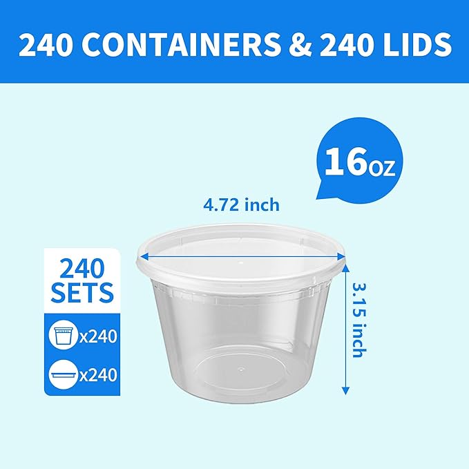 240 Sets 16oz Deli Food Storage Containers, Plastic Takeout Deli Cups for Meal Prep Leftover, Reusable Round Soup Containers with Lids, BPA Free, Stackable, Leakproof, Microwave and Freezer Safe