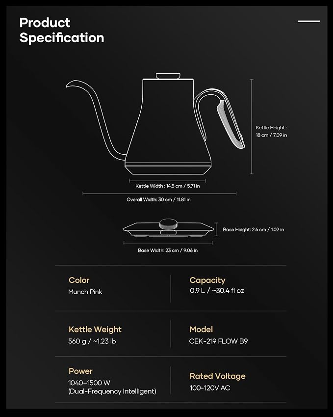 Cocinare Gooseneck Electric Kettle, ±1°F Precise Temperature Control, 1500W Fast Heating, Pour Over Coffee & Tea Kettle with Brew Timer & Keep Warm, Stainless Steel, 0.9L (Munch Pink)