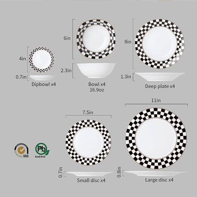 Porlien Checker Pattern 20-piece Round Dinnerware Set for 4, Porcelain Dinner Sets