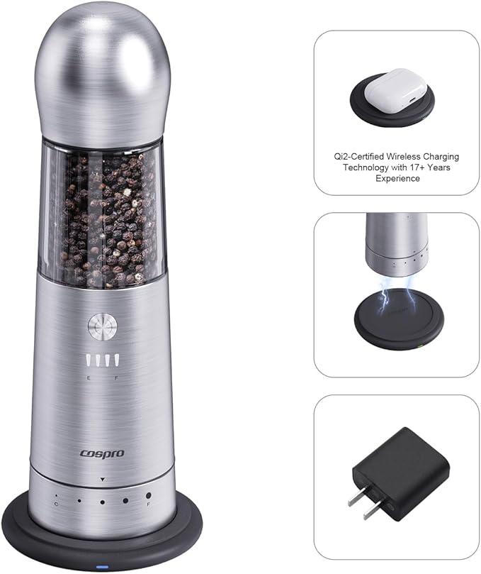 COSPRO Electric Grinder with Qi-Wireless Charging Base | Kitchen Gift | Rechargeable Automatic Spice Mill | Stainless Steel | One Hand Button Use | Adjustable Coarseness | Easy Clean