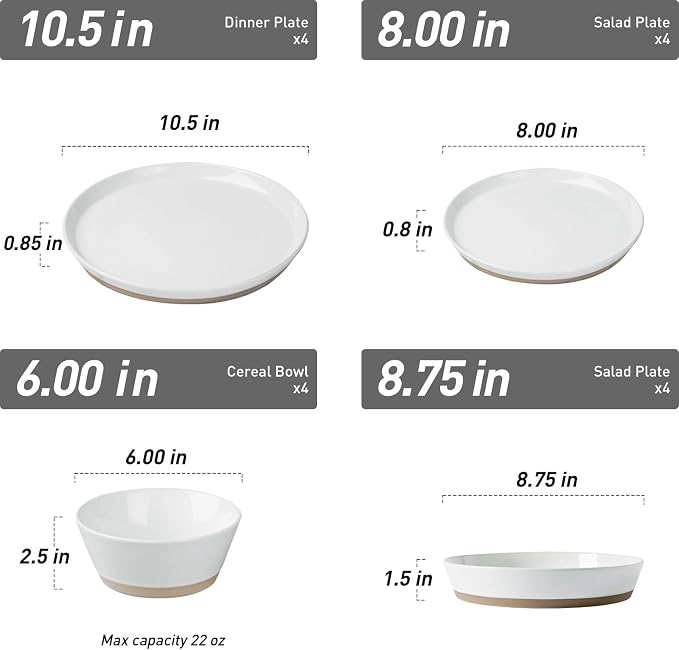 Famiware Saturn 16 Pieces Plates and Double Bowls Sets for 4, Stoneware Dinnerware Set with Pasta Bowl, Dish Set with Trim - Chip & Scratch Resistant, Microwave & Dishwasher Safe, White
