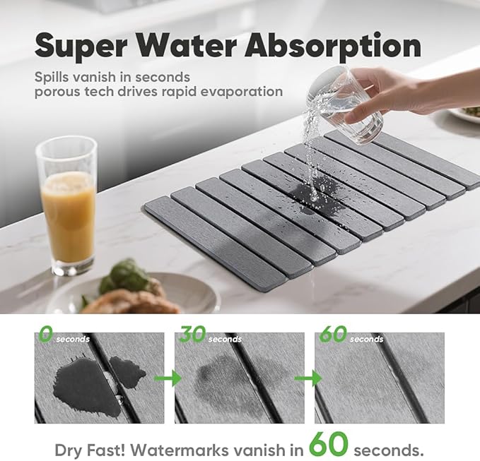 Stone Drying Mat for Kitchen Counter, Quick Diatomaceous Earth Mats for Dishes, 23.6"L x 15.7" W Super Absorbent Fast-Drying Collapsible Countertop Stone Mat (Light Grey, 24" x 16")