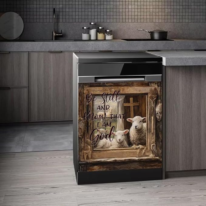 Sheep Front Door Dishwasher Magnet Cover,Christ Refrigerator Panel Decal, Wood Grain Cross Magnetic Dishwasher Cover,'Be Still and Know That I Am God'Text Magnetic Decorative Sticker,23"x17"