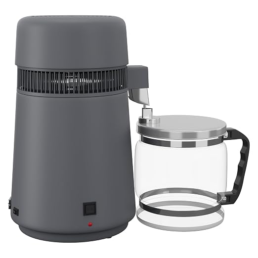 GarveeHome Water Distillers for Home Countertop, 1 gal/4 l Stainless Steel Distilled Water Machine with Glass Container, 750W Desktop Drinking Purifier Filter Distilling Kit, Gray