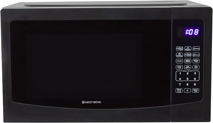West Bend Microwave Oven 1000-Watts Compact with 6 Pre-Set Cooking Settings, Time and Weight Defrost, Electronic Control Panel and Glass Turntable, 1.1 Cu.Ft., Black
