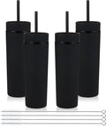 Volhoply 16oz Plastic Skinny Tumbler with Lid and Straw Bulk 4 Pack,Insulated Double Wall BPA Free Matte Acrylic Tumblers,Iced Coffee Travel Mug Reusable Party Cup,Customizable Diy Gifts(Black,4 Set)