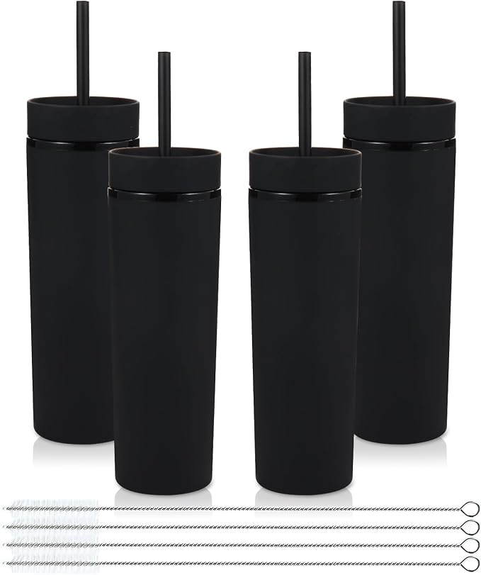 Volhoply 16oz Plastic Skinny Tumbler with Lid and Straw Bulk 4 Pack,Insulated Double Wall BPA Free Matte Acrylic Tumblers,Iced Coffee Travel Mug Reusable Party Cup,Customizable Diy Gifts(Black,4 Set)