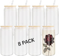 8 Pack Sublimation Blanks Glass Cups Bulk,16 OZ Frosted Drinks Glass Cups with Bamboo Lids and Straws,DIY Gifts Custom Tumbler