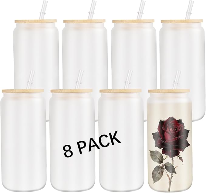 8 Pack Sublimation Blanks Glass Cups Bulk,16 OZ Frosted Drinks Glass Cups with Bamboo Lids and Straws,DIY Gifts Custom Tumbler