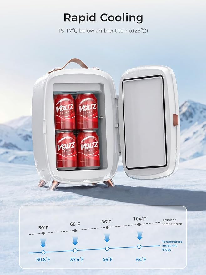 COWSAR Mini Fridge for Bedroom with Dimmable LED Light Mirror, 6 L/8 Can Skincare Fridge with Top Leather Handle, Portable Small Refrigerator for Cosmetic, Beverage and Food, Dorm, Office, Pearl White