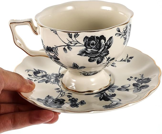 CALLARON Ceramic Cup and Saucer Set 8Oz European Style Milk Drinking Mug with Delicate Porcelain Design for Home Restaurant Tea and Juice