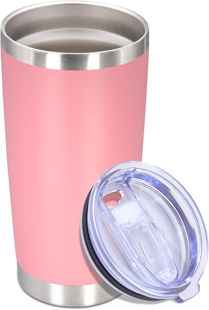 20 oz Tumbler with lid Double Wall Vacuum Insulated Tumblers Stainless Steel Coffee Mug Travel Coffee Tumbler Powder Coated Tumbler Cup Keep Hot&Cold - (Pink 1 Pack)